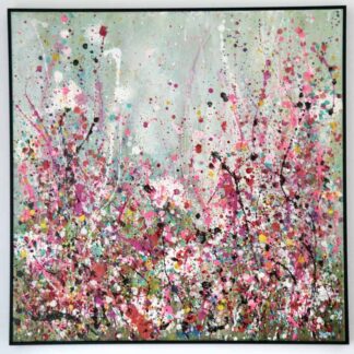 An original abstract floral style painting. This is a stylish painting that has delicate details contrasting with the layers of stronger tones .